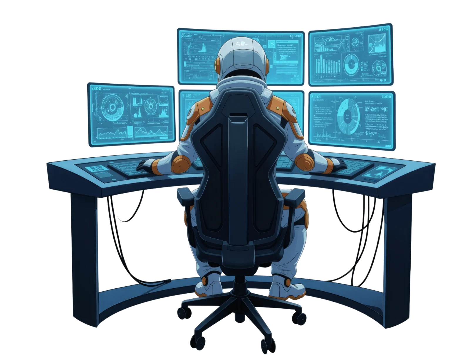 A spaceman sits at a wide workstation surrounded by glowing blue screens.
